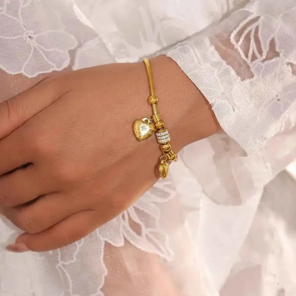 Gold Rhinestone Heart Charm Bracelet
