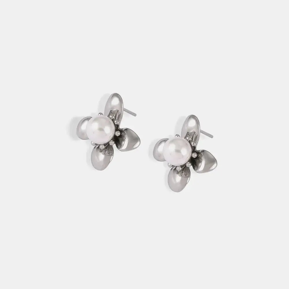 Titanium Steel Flower Pearl Studs