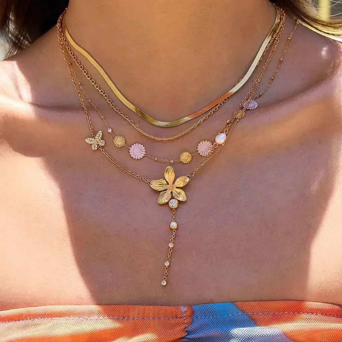 Golden Bloom - 3-Piece Layered Flower Necklace Set