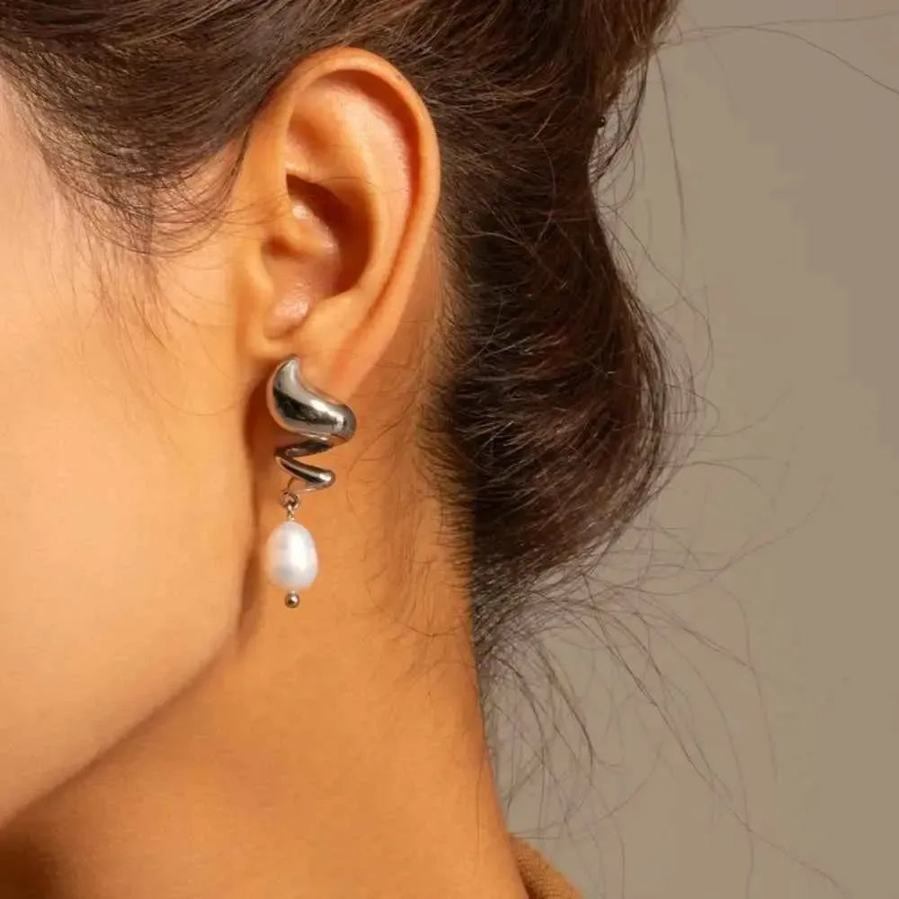 Twisted Pearl Drop Earrings in Steel