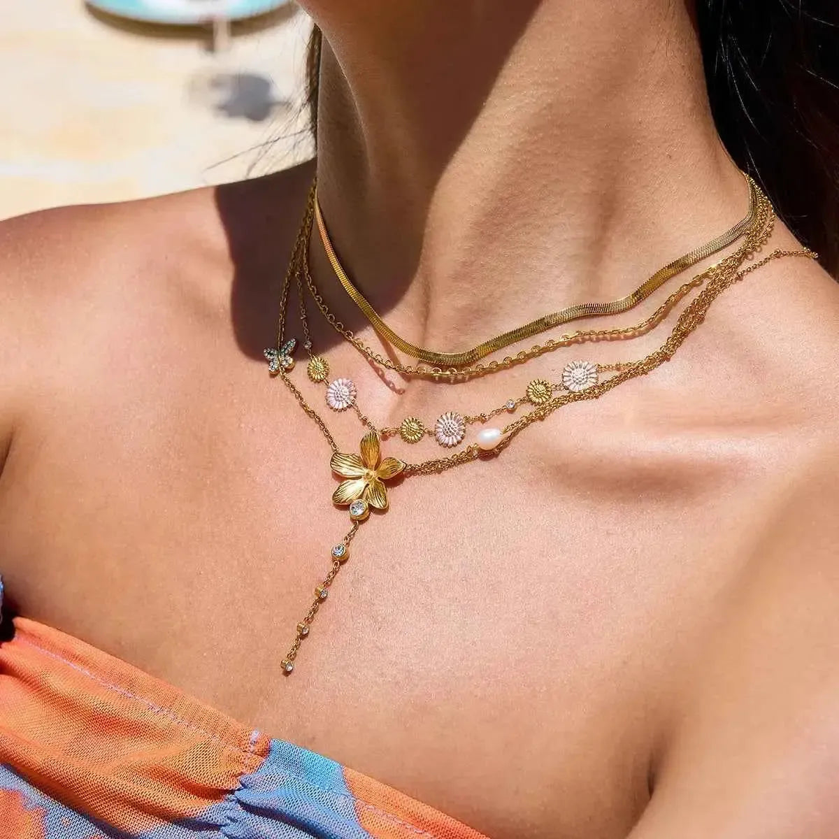 Golden Bloom - 3-Piece Layered Flower Necklace Set