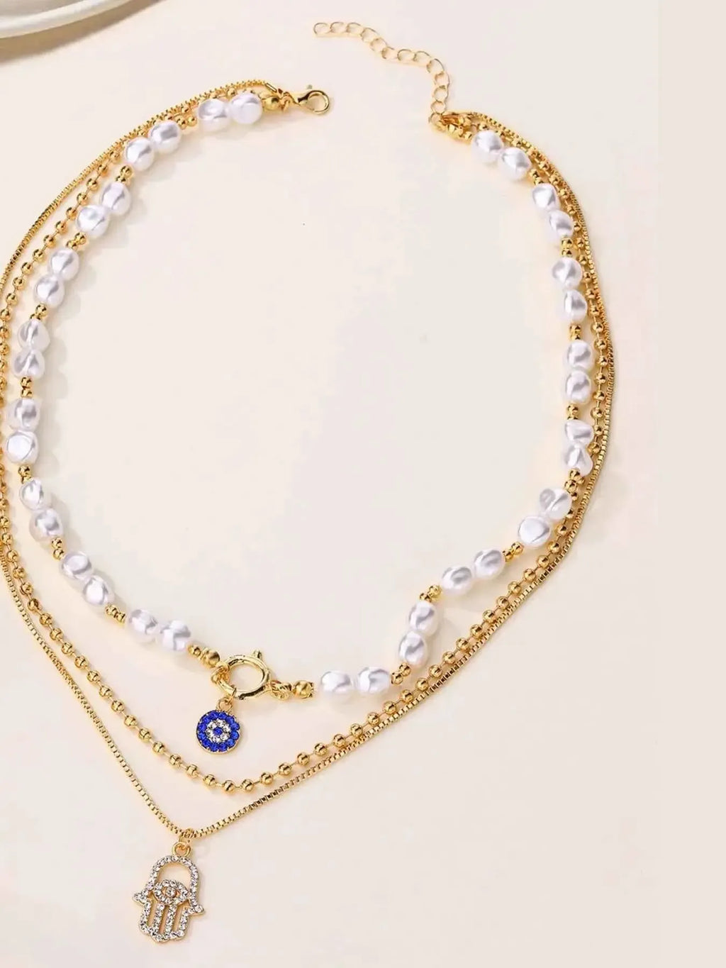 Mystic Pearl – Evil Eye & Hamsa Layered Necklace