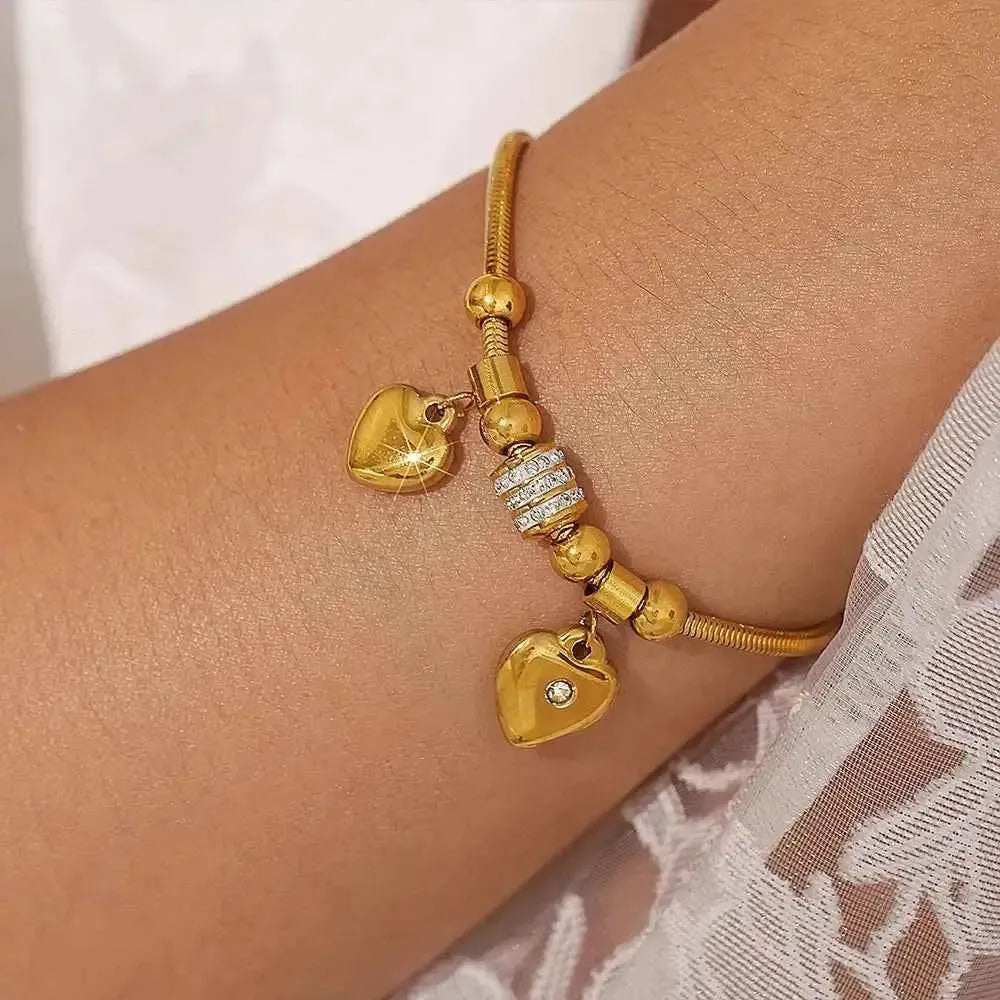 Gold Rhinestone Heart Charm Bracelet