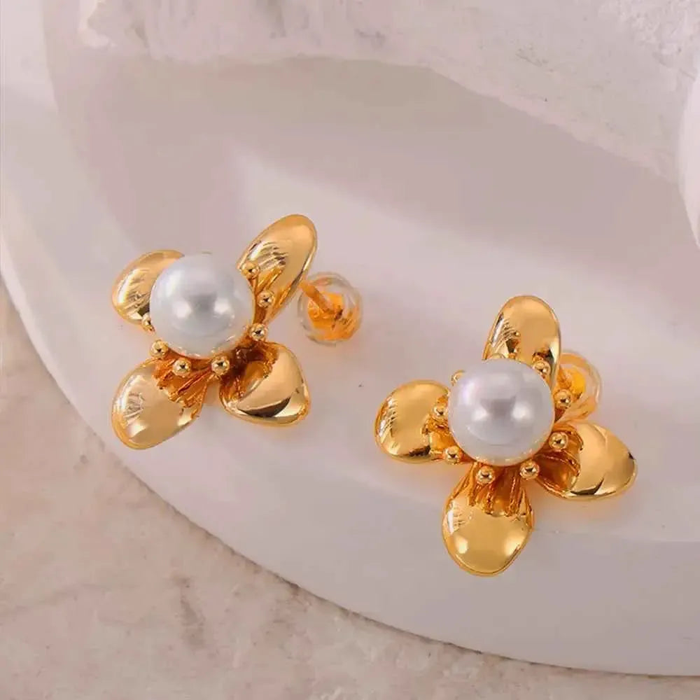 Titanium Steel Flower Pearl Studs