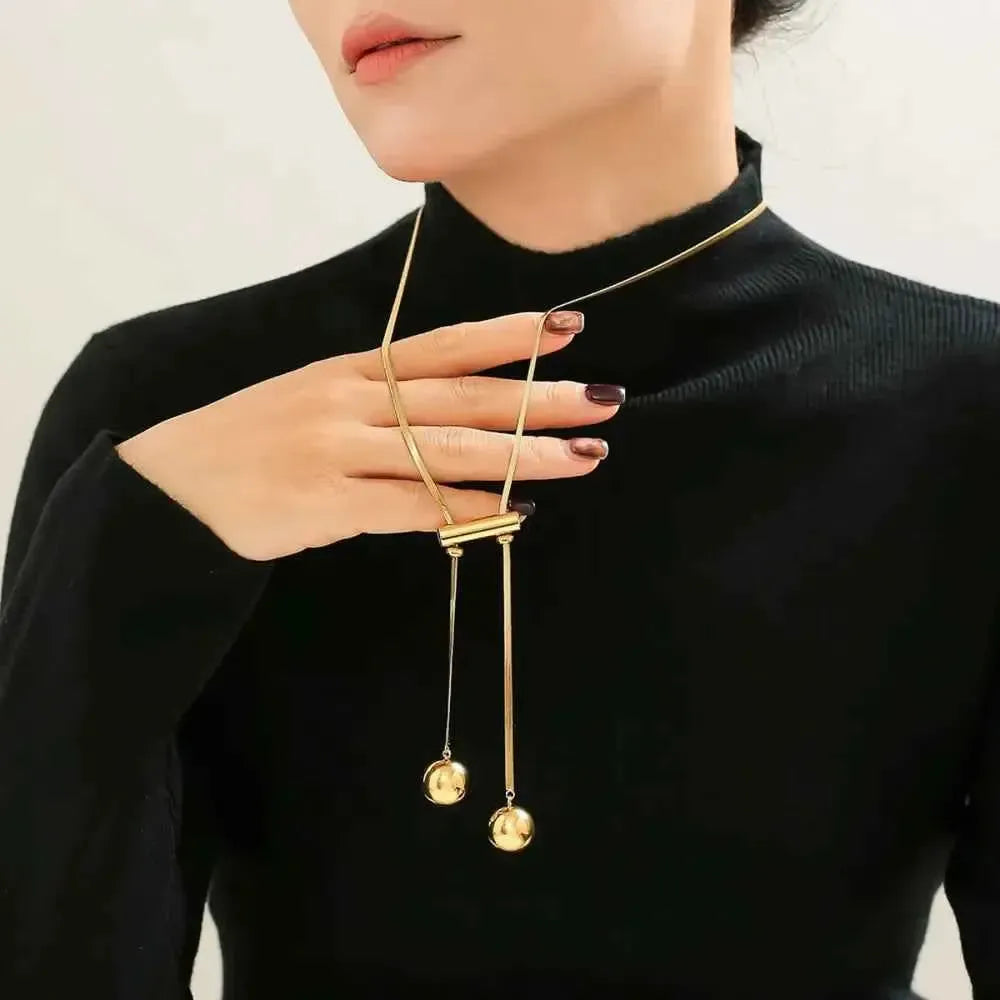Golden Hollow Bead Titanium Necklace