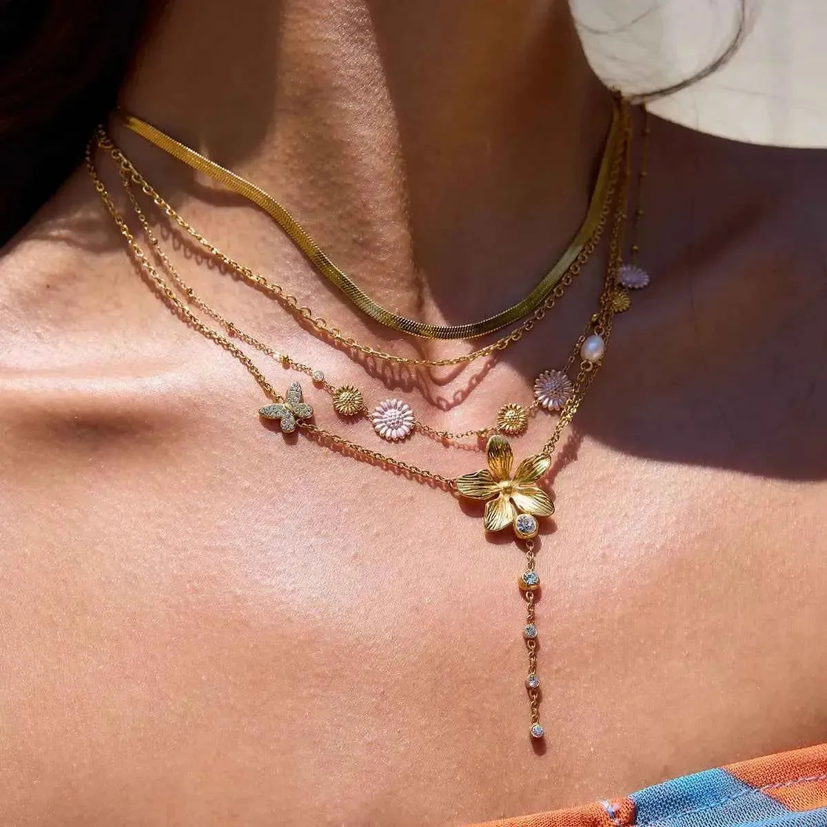 Golden Bloom - 3-Piece Layered Flower Necklace Set