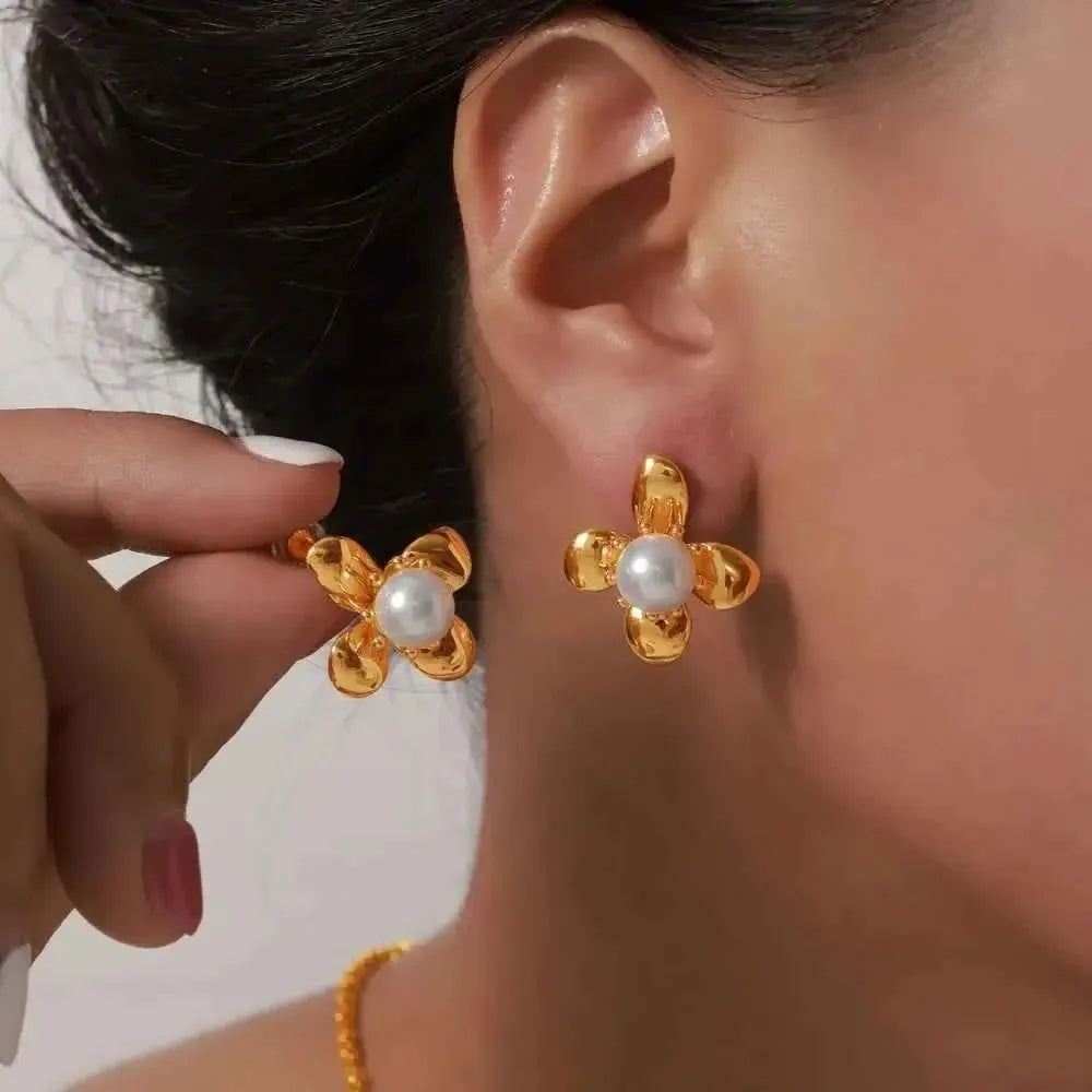 Titanium Steel Flower Pearl Studs