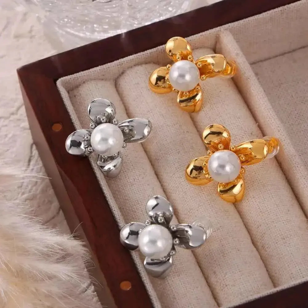 Titanium Steel Flower Pearl Studs