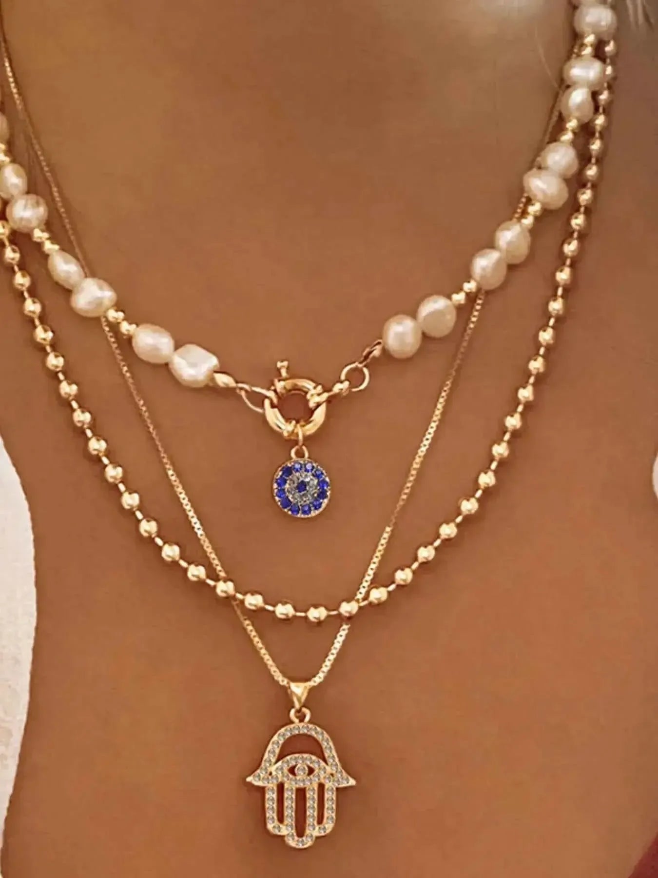Mystic Pearl – Evil Eye & Hamsa Layered Necklace