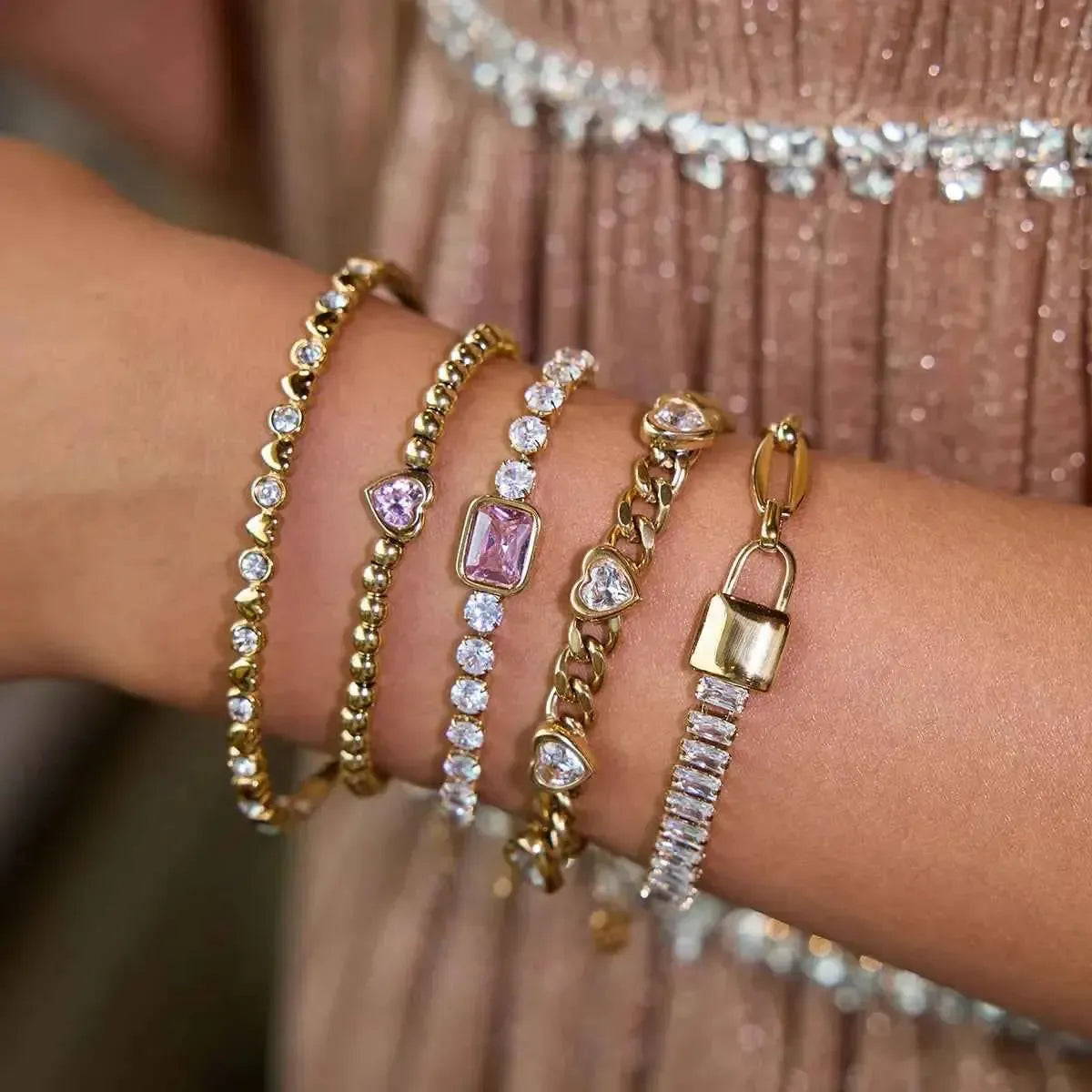 5‑Piece Gold & Zircon Bracelet Set