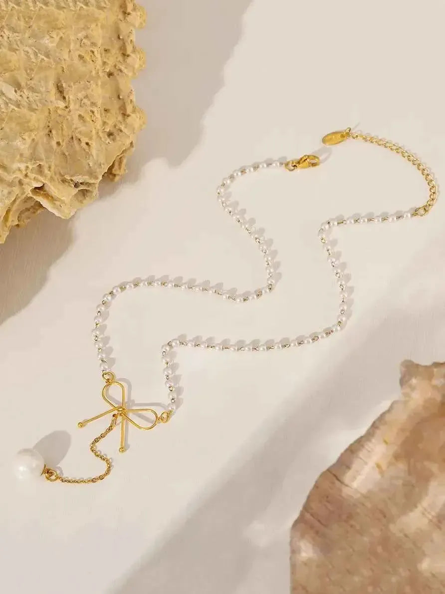 Pearl Bow Charm Gold Necklace