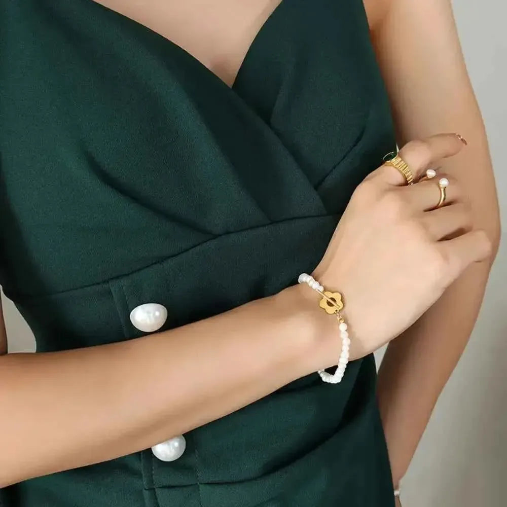 Gold-Plated Pearl Flower Bracelet