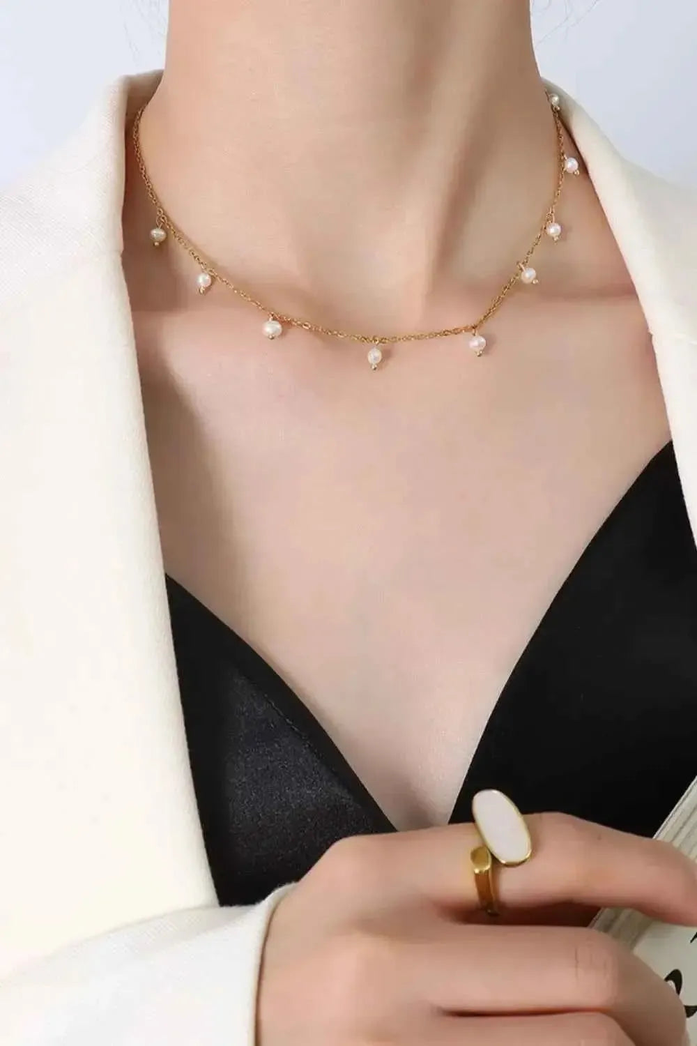 Gold‑Plated Titanium Pearl Necklace