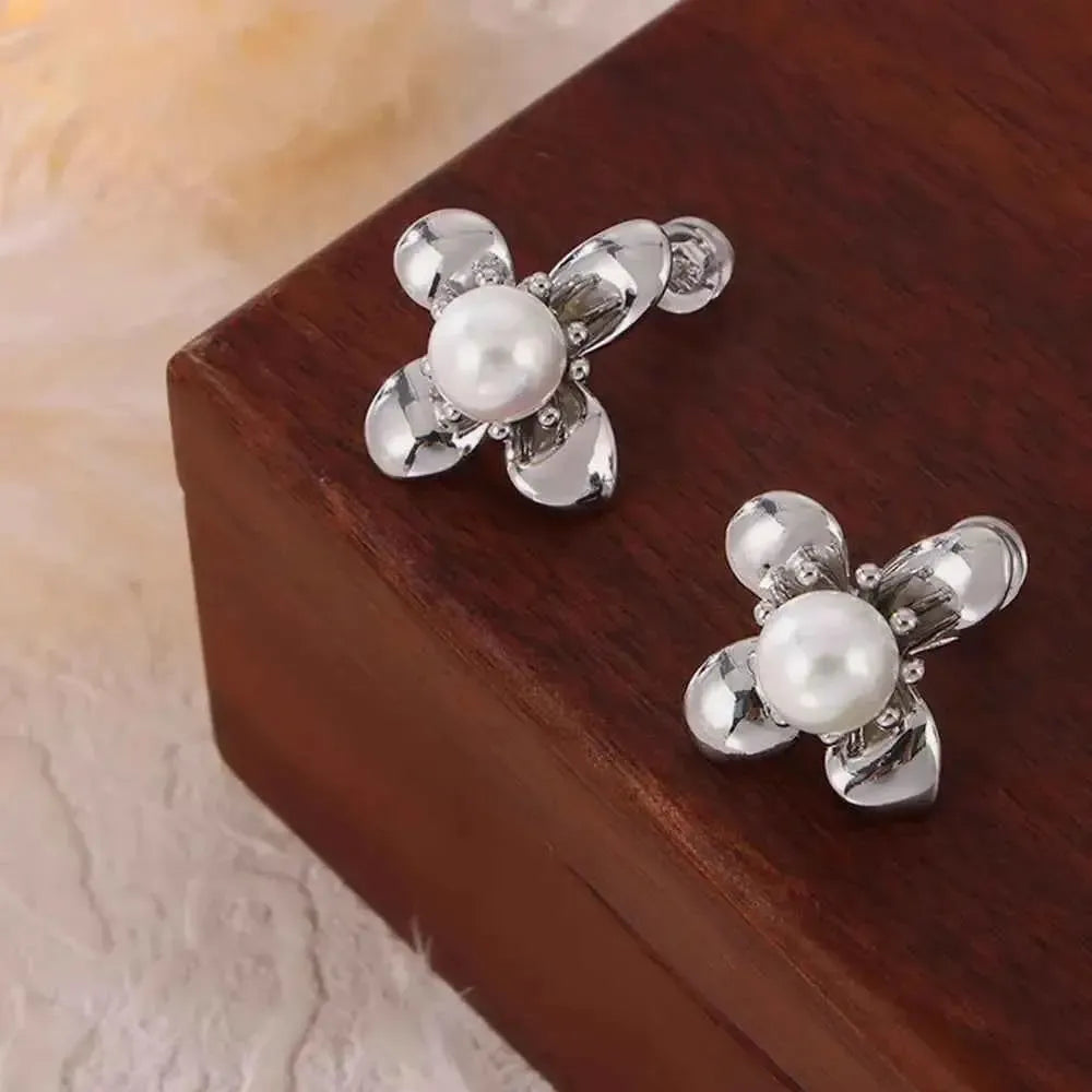 Titanium Steel Flower Pearl Studs