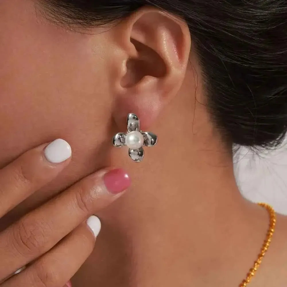 Titanium Steel Flower Pearl Studs