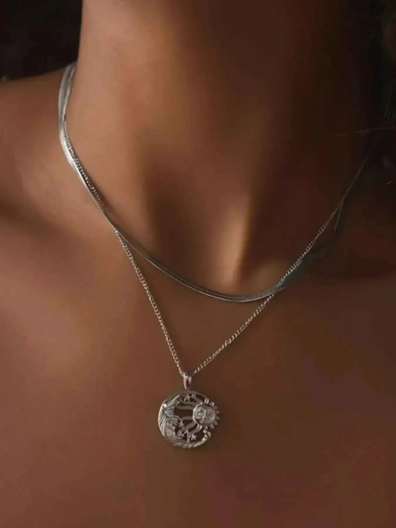 Celestial Duo – Double Layer Sun & Moon Necklace