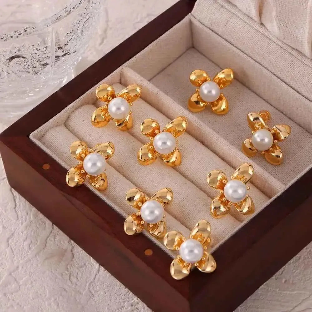 Titanium Steel Flower Pearl Studs