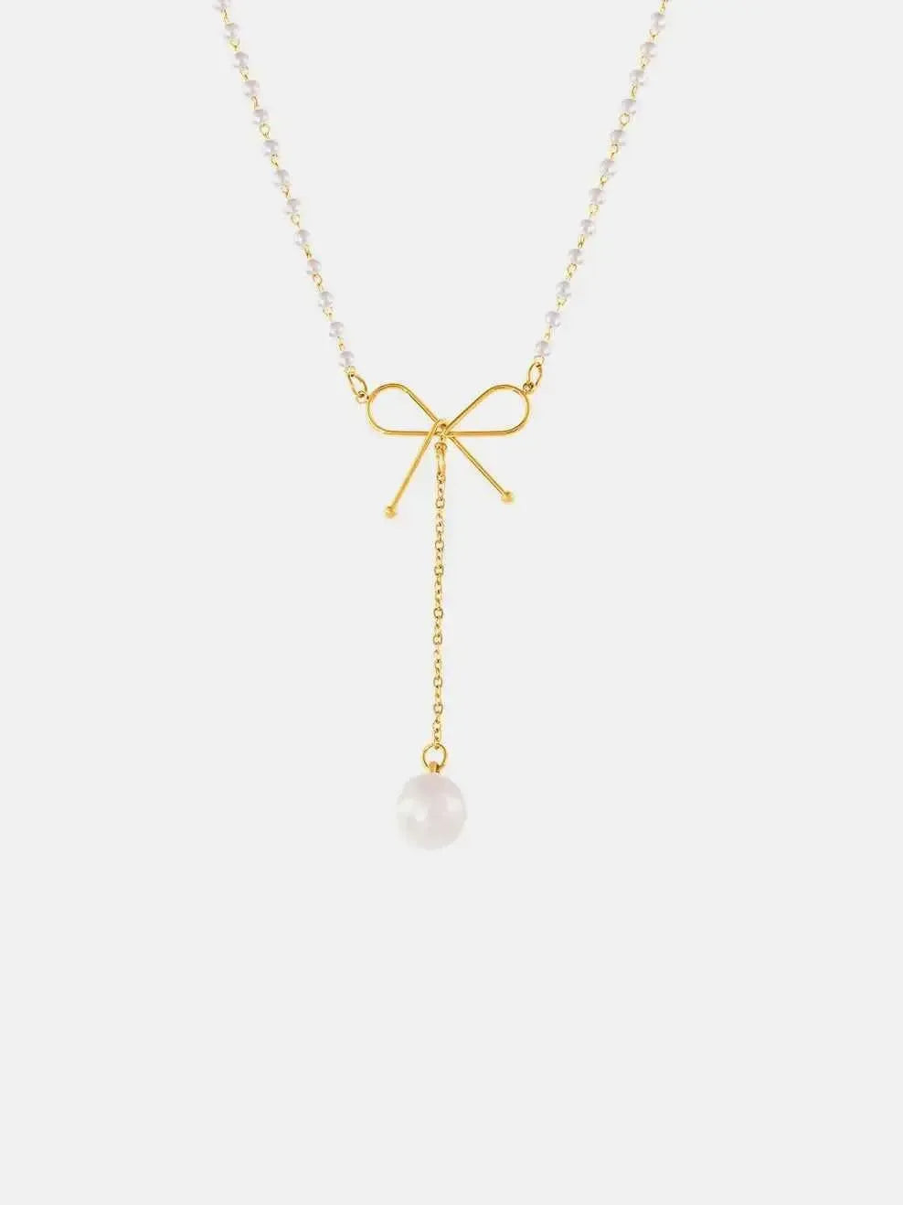 Pearl Bow Charm Gold Necklace