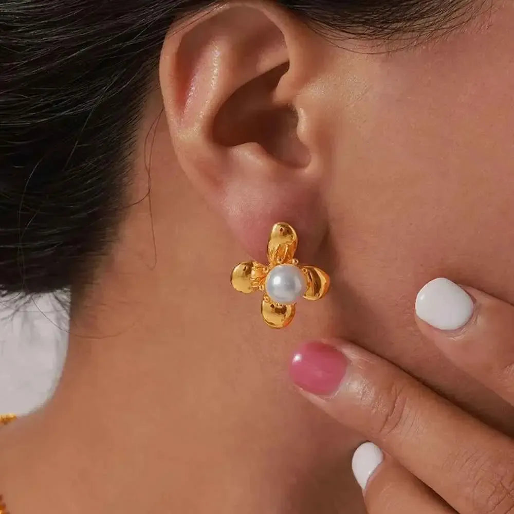 Titanium Steel Flower Pearl Studs