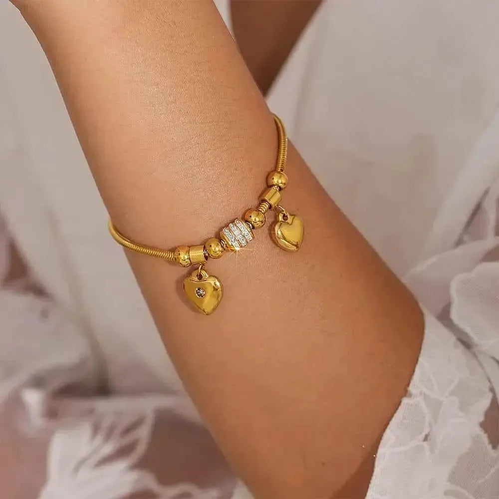 Gold Rhinestone Heart Charm Bracelet