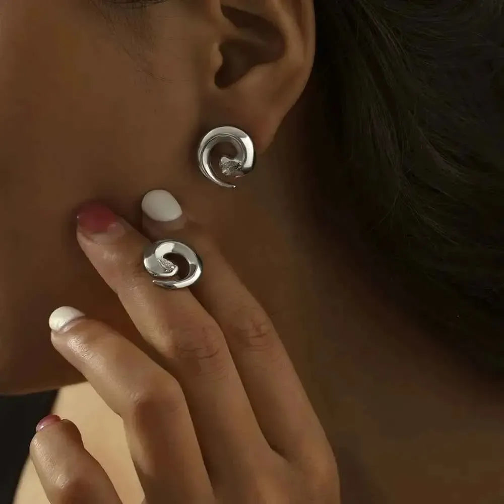 Spiral Zircon Titanium Steel Earrings