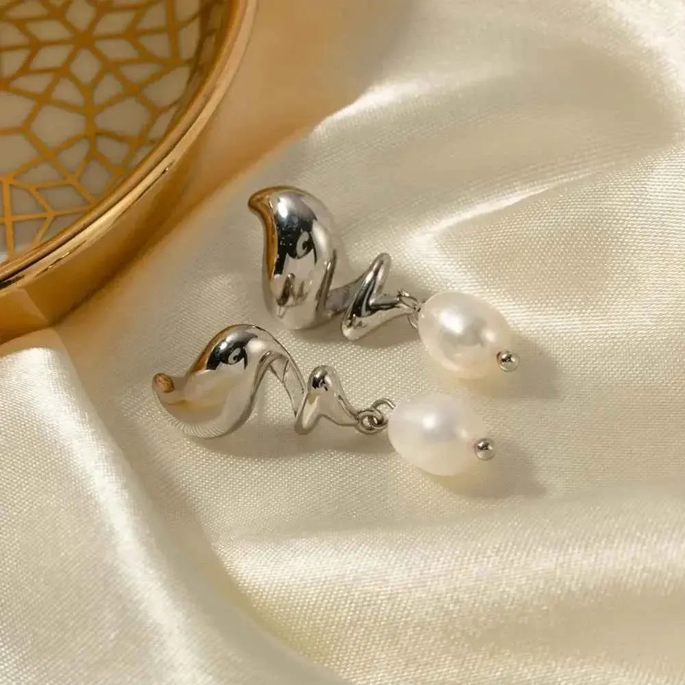 Twisted Pearl Drop Earrings in Steel